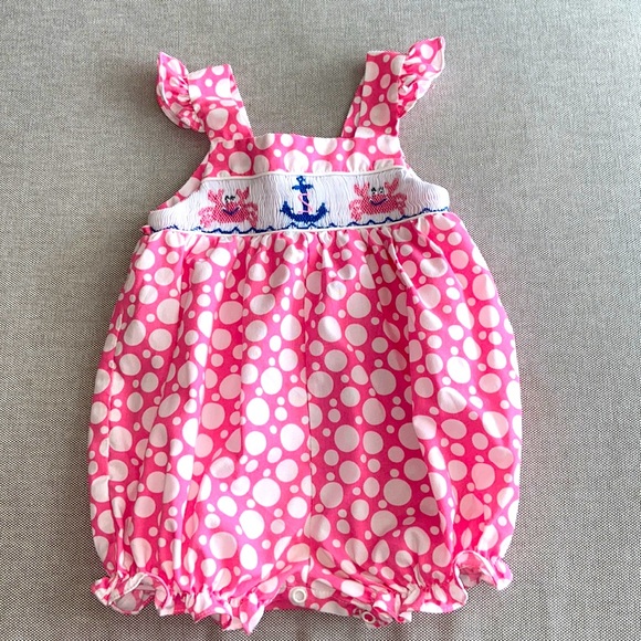 Girls 12 Months Pink Polkadots Sailer Crab Bubble - Picture 1 of 4